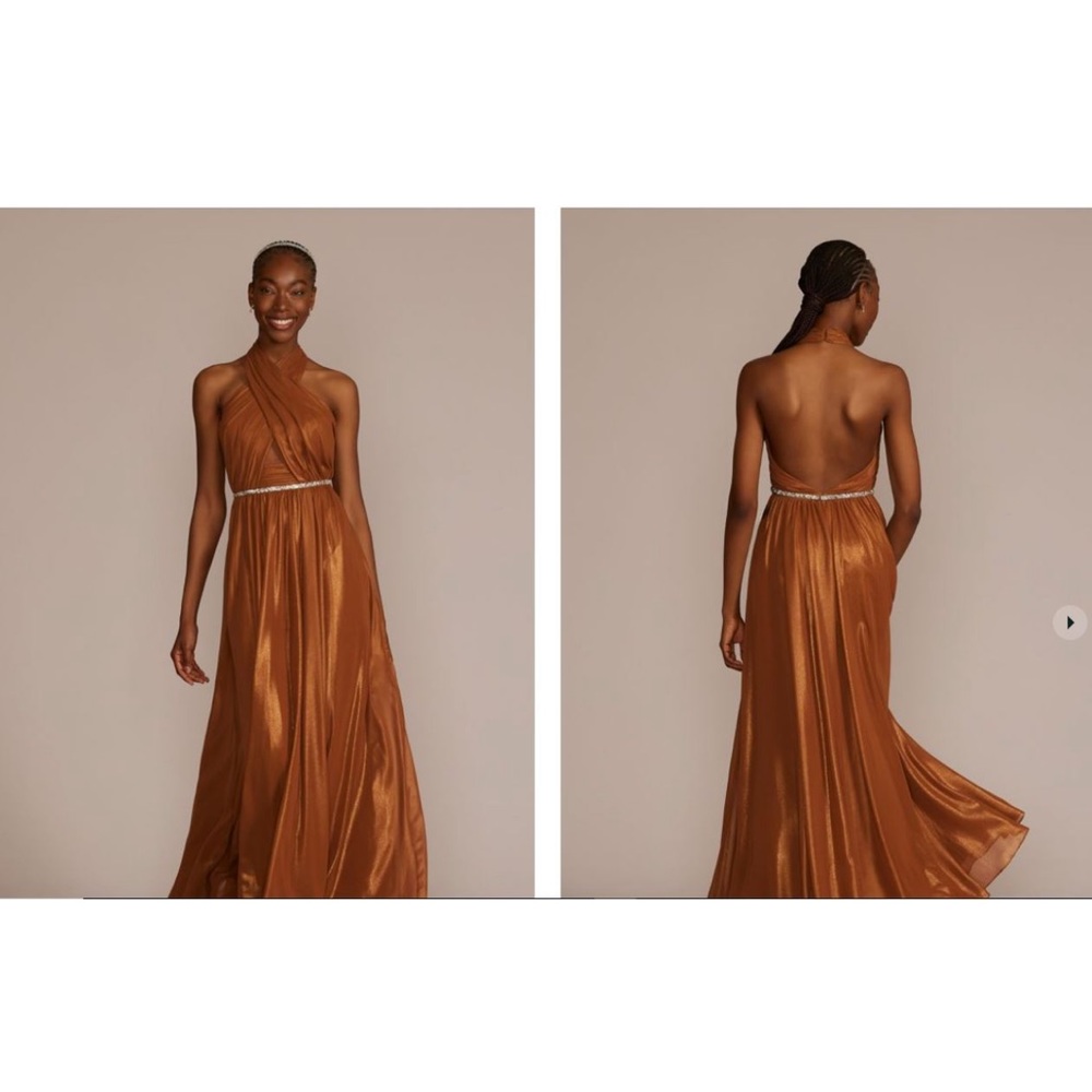 Beaded chiffon halter a-line bodice cutout - bronze